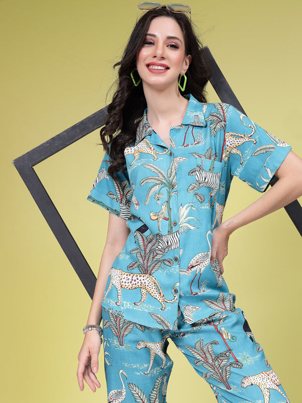 Stylum Women's Tropical Printed Rayon Co-Ords Set (CSLIONTEAL)