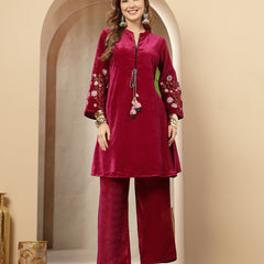Stylum Women's Magenta Solid & Embroidered Velvet Co-Ord Set (CSMAGENTABRUNO)