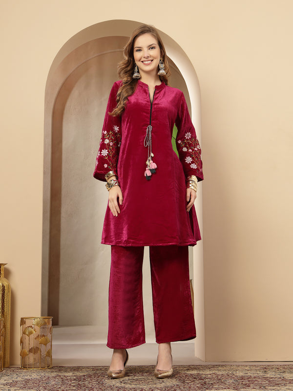 Stylum Women's Magenta Solid & Embroidered Velvet Co-Ord Set (CSMAGENTABRUNO)