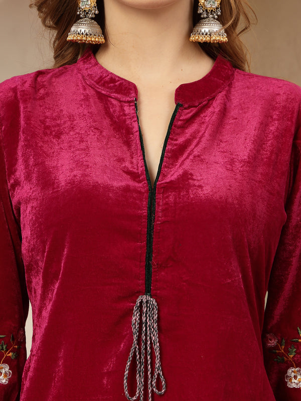 Stylum Women's Magenta Solid & Embroidered Velvet Co-Ord Set (CSMAGENTABRUNO)