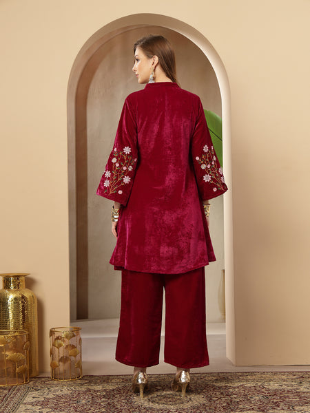 Stylum Women's Magenta Solid & Embroidered Velvet Co-Ord Set (CSMAGENTABRUNO)