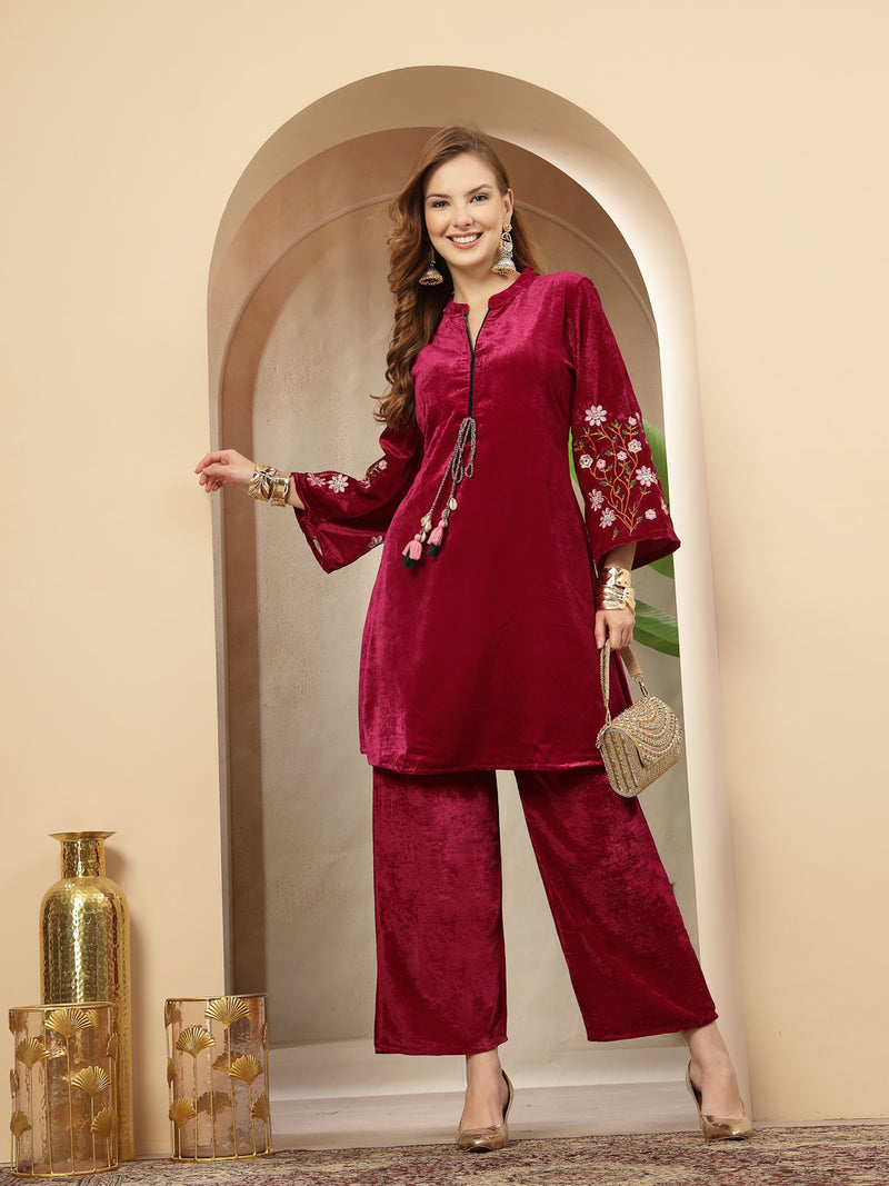Stylum Women's Magenta Solid & Embroidered Velvet Co-Ord Set (CSMAGENTABRUNO)