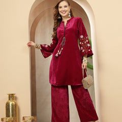 Stylum Women's Magenta Solid & Embroidered Velvet Co-Ord Set (CSMAGENTABRUNO)
