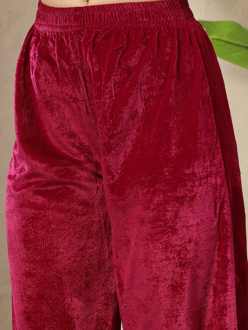 Stylum Women's Magenta Solid & Embroidered Velvet Co-Ord Set (CSMAGENTABRUNO)