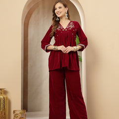 Stylum Women's Magenta Solid & Embroidered Velvet Co-Ord Set (CSMAGENTASUMALI)
