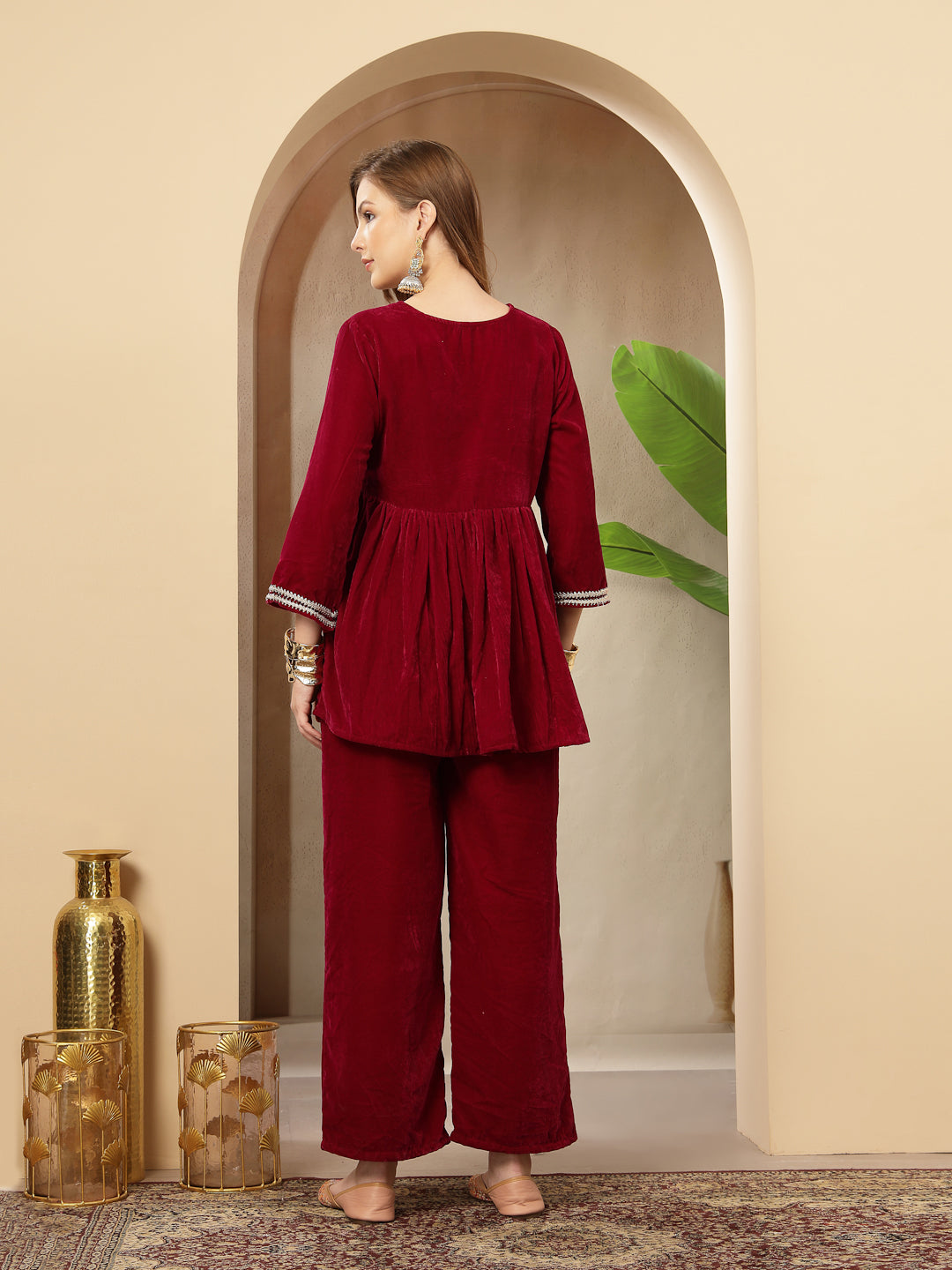 Stylum Women's Magenta Solid & Embroidered Velvet Co-Ord Set (CSMAGENTASUMALI)