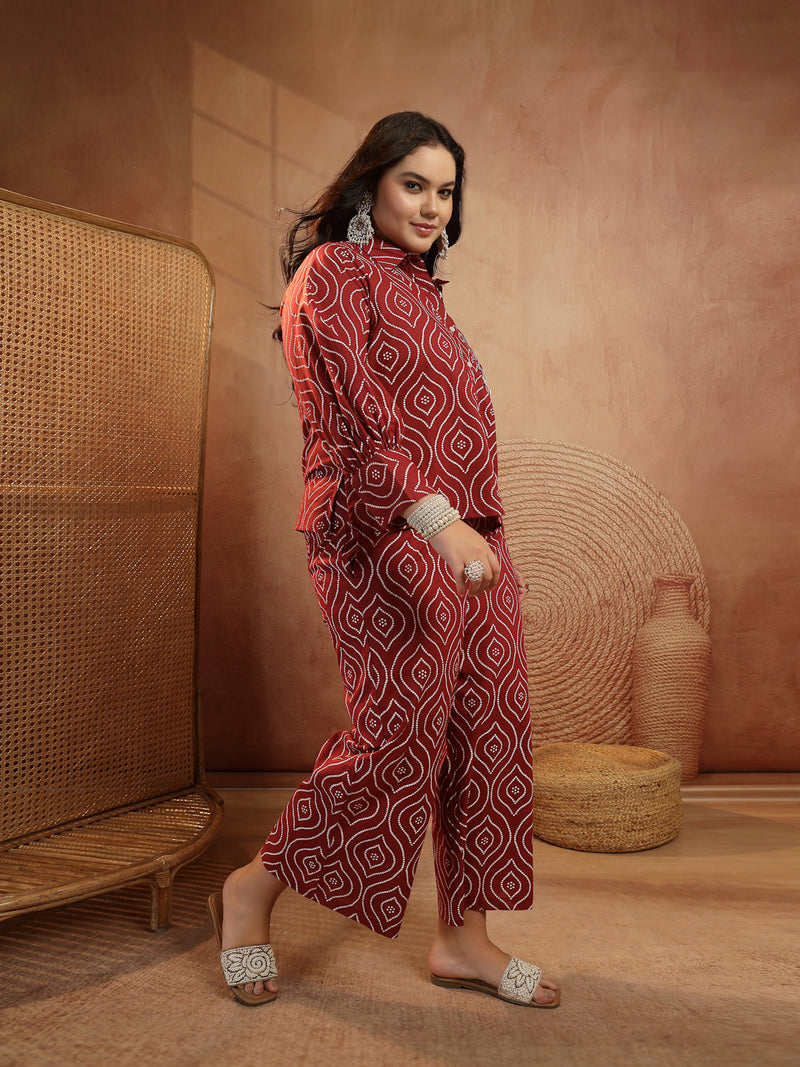 Stylum Women's Plus Size Maroon Bandhej Printed Cotton Co-Ord Set (CSMAROONOPERAPLUS)