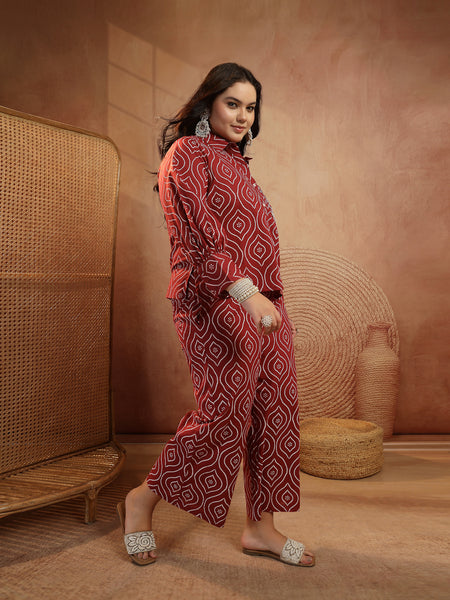 Stylum Women's Plus Size Maroon Bandhej Printed Cotton Co-Ord Set (CSMAROONOPERAPLUS)