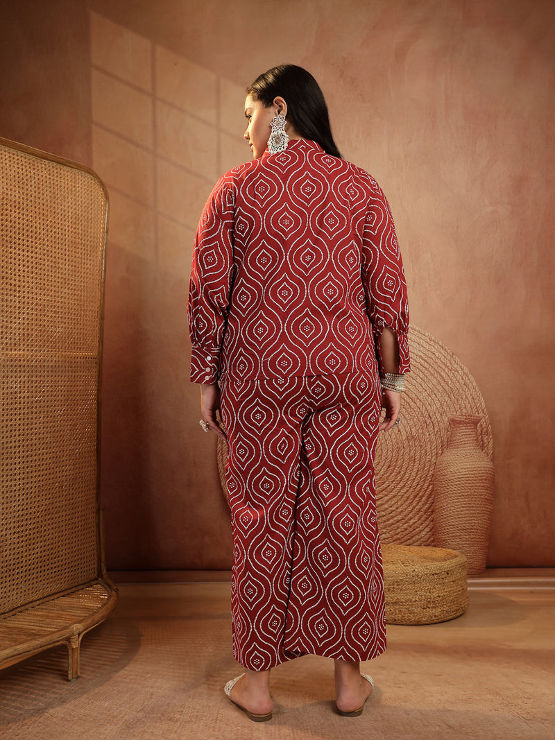 Stylum Women's Plus Size Maroon Bandhej Printed Cotton Co-Ord Set (CSMAROONOPERAPLUS)