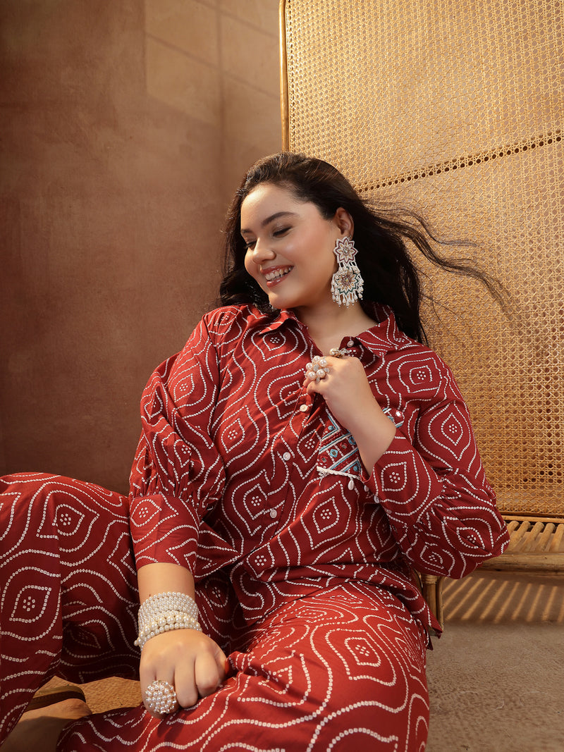 Stylum Women's Plus Size Maroon Bandhej Printed Cotton Co-Ord Set (CSMAROONOPERAPLUS)