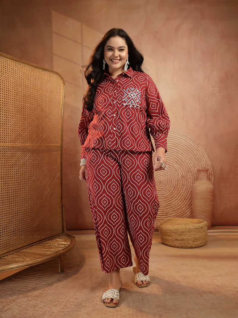 Stylum Women's Plus Size Maroon Bandhej Printed Cotton Co-Ord Set (CSMAROONOPERAPLUS)