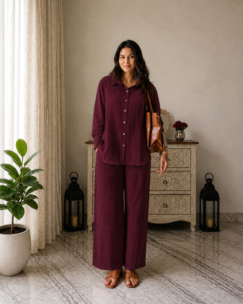 Stylum Women's Maroon Solid Crused Rayon Co-Ord Set (CSMAROONSIDAN)
