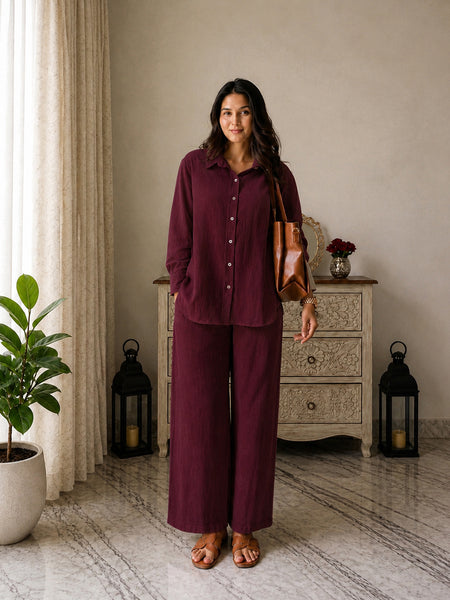 Stylum Women's Maroon Solid Crepe Co-Ord Set (CSMAROONSIDAN)