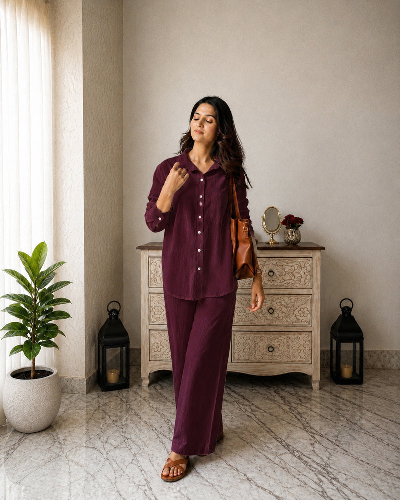 Stylum Women's Maroon Solid Crused Rayon Co-Ord Set (CSMAROONSIDAN)
