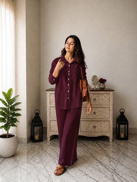 Stylum Women's Maroon Solid Crepe Co-Ord Set (CSMAROONSIDAN)