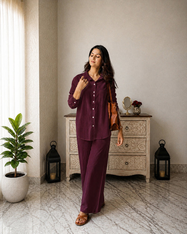 Stylum Women's Maroon Solid Crused Rayon Co-Ord Set (CSMAROONSIDAN)