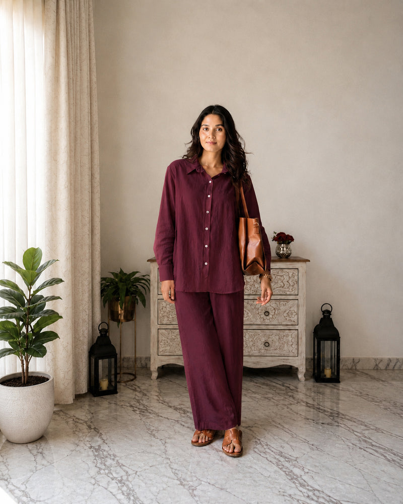 Stylum Women's Maroon Solid Crused Rayon Co-Ord Set (CSMAROONSIDAN)