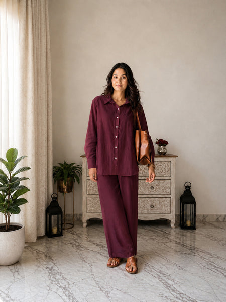 Stylum Women's Maroon Solid Crepe Co-Ord Set (CSMAROONSIDAN)
