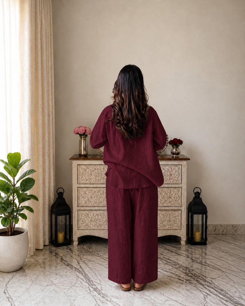 Stylum Women's Maroon Solid Crused Rayon Co-Ord Set (CSMAROONSIDAN)