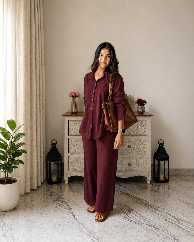 Stylum Women's Maroon Solid Crused Rayon Co-Ord Set (CSMAROONSIDAN)