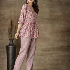 Stylum Women's Printed Cotton Blend Co-Ord Set (CSMAUVEZIVA)