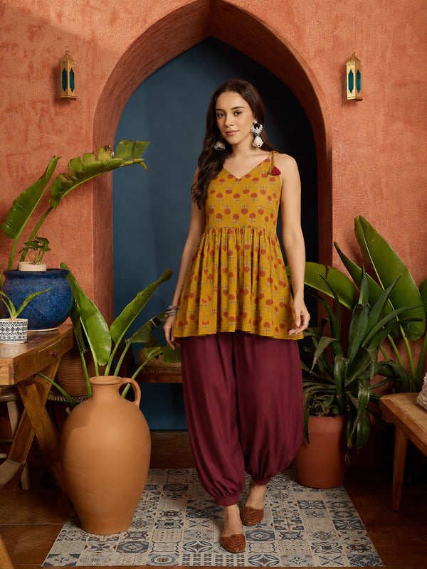 Stylum Women's Mustard Floral Printed Cotton Empire Top With Balloon Pant (CSMUSTARDPERI)