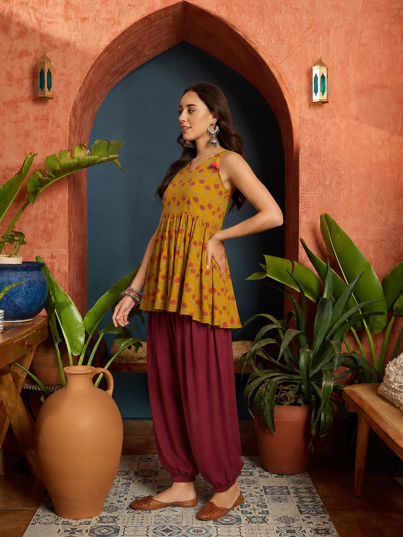 Stylum Women's Mustard Floral Printed Cotton Empire Top With Balloon Pant (CSMUSTARDPERI)