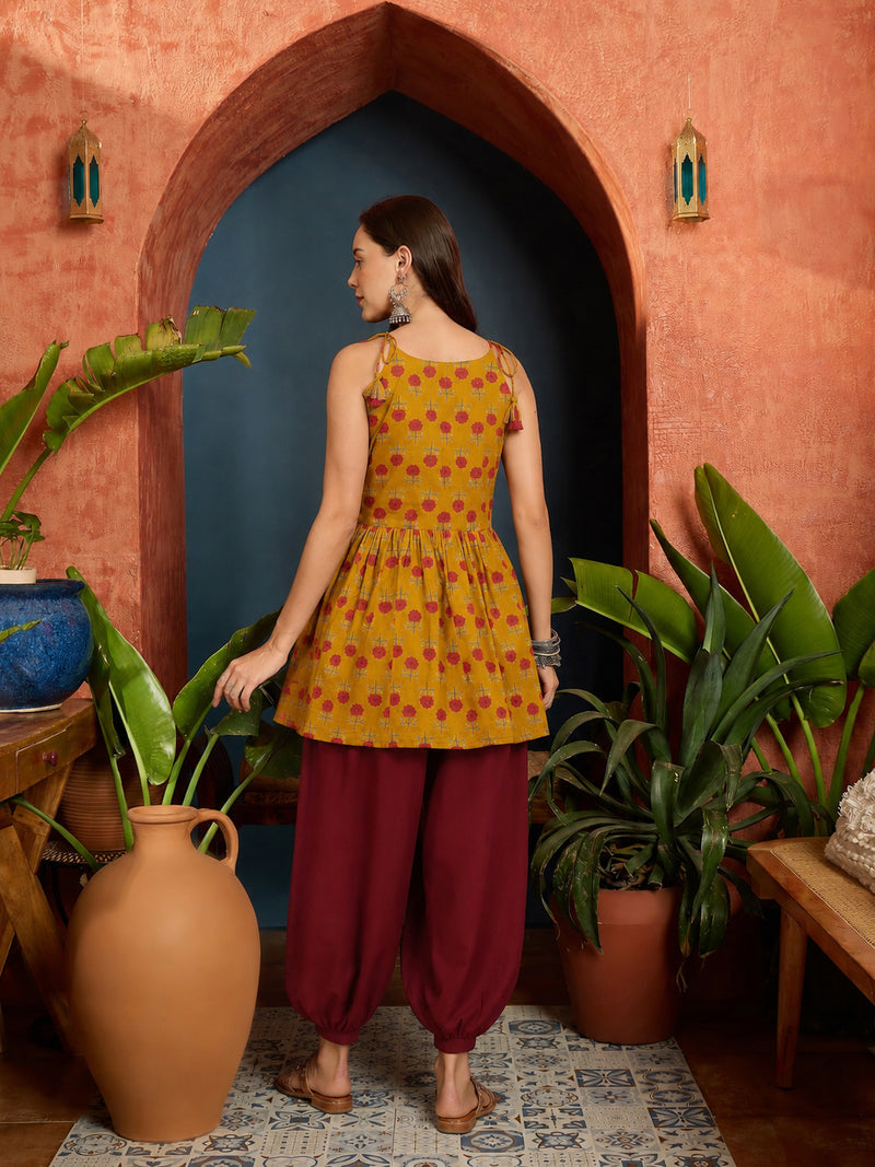 Stylum Women's Mustard Floral Printed Cotton Empire Top With Balloon Pant (CSMUSTARDPERI)