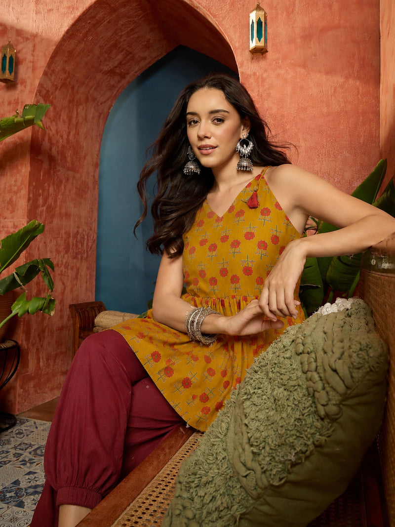 Stylum Women's Mustard Floral Printed Cotton Empire Top With Balloon Pant (CSMUSTARDPERI)
