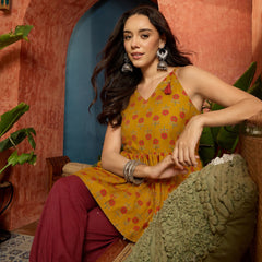 Stylum Women's Mustard Floral Printed Cotton Empire Top With Balloon Pant (CSMUSTARDPERI)