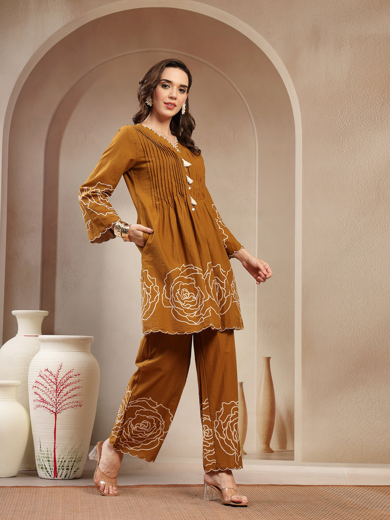Stylum Women's Mustard Floral Printed & Embroidered Cotton Co-Ord Set (CSMUSTARDZINPA)