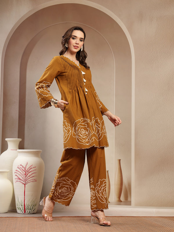 Stylum Women's Mustard Floral Printed & Embroidered Cotton Co-Ord Set (CSMUSTARDZINPA)
