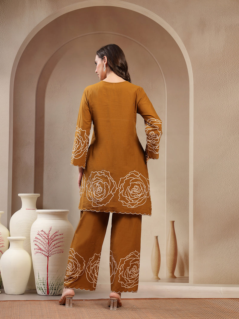 Stylum Women's Mustard Floral Printed & Embroidered Cotton Co-Ord Set (CSMUSTARDZINPA)
