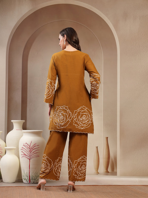 Stylum Women's Mustard Floral Printed & Embroidered Cotton Co-Ord Set (CSMUSTARDZINPA)