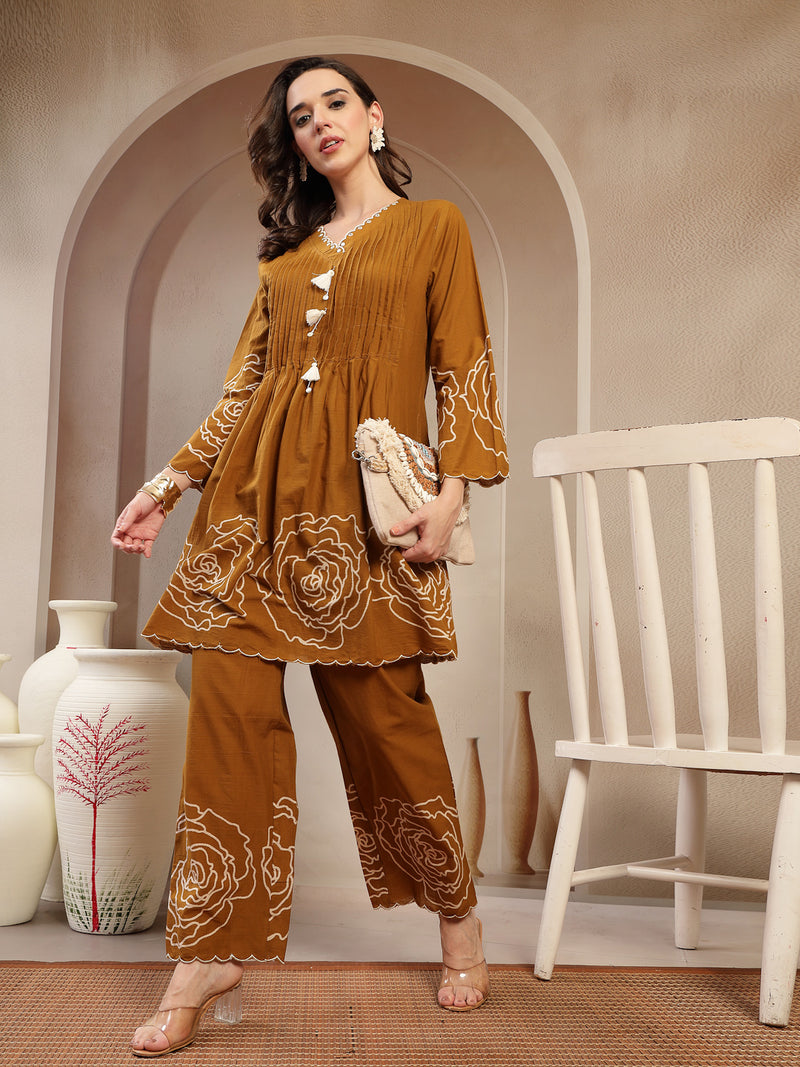 Stylum Women's Mustard Floral Printed & Embroidered Cotton Co-Ord Set (CSMUSTARDZINPA)