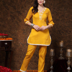 Stylum Women's Mustard Solid & Embroidered Italiya Crepe Co-ords Set (CSMUSTKALSI)