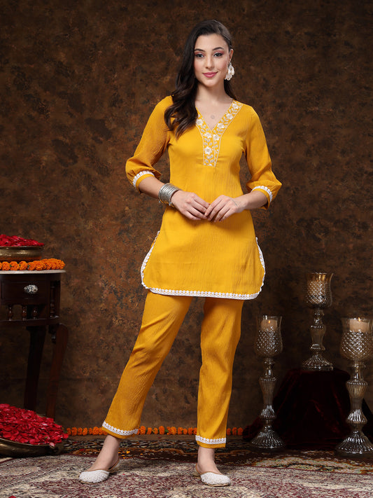 Stylum Women's Mustard Solid & Embroidered Italiya Crepe Co-ords Set (CSMUSTKALSI)