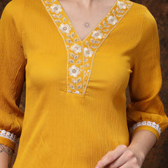 Stylum Women's Mustard Solid & Embroidered Italiya Crepe Co-ords Set (CSMUSTKALSI)