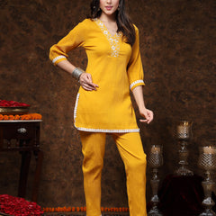 Stylum Women's Mustard Solid & Embroidered Italiya Crepe Co-ords Set (CSMUSTKALSI)