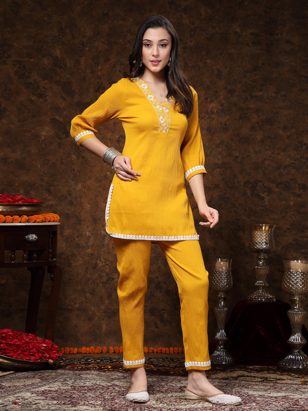 Stylum Women's Mustard Solid & Embroidered Italiya Crepe Co-ords Set (CSMUSTKALSI)