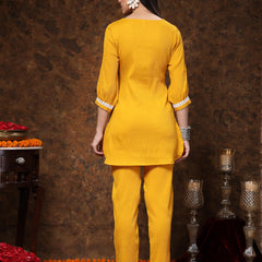 Stylum Women's Mustard Solid & Embroidered Italiya Crepe Co-ords Set (CSMUSTKALSI)