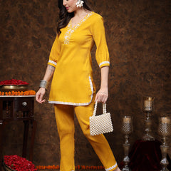 Stylum Women's Mustard Solid & Embroidered Italiya Crepe Co-ords Set (CSMUSTKALSI)
