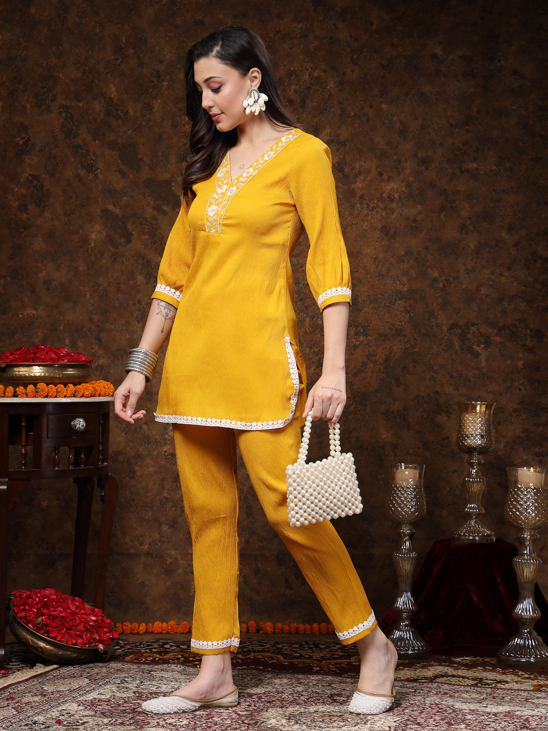 Stylum Women's Mustard Solid & Embroidered Italiya Crepe Co-ords Set (CSMUSTKALSI)