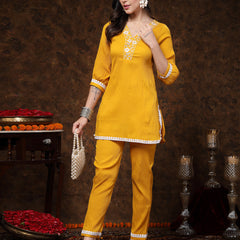 Stylum Women's Mustard Solid & Embroidered Italiya Crepe Co-ords Set (CSMUSTKALSI)