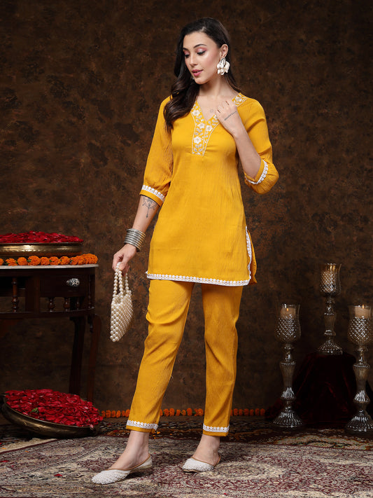 Stylum Women's Mustard Solid & Embroidered Italiya Crepe Co-ords Set (CSMUSTKALSI)