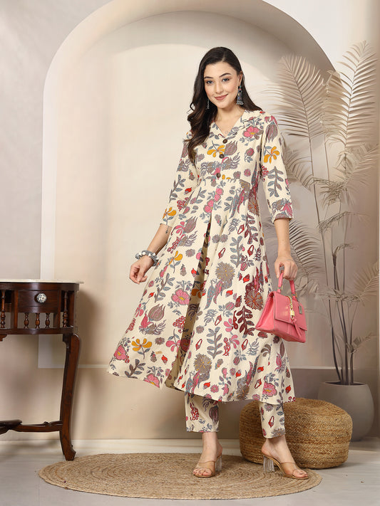 Stylum Women's Floral Printed Rayon A-Line Kurta Pant Set (CSNAINABEIGE)