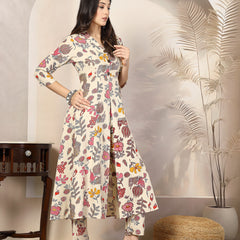 Stylum Women's Floral Printed Rayon A-Line Kurta Pant Set (CSNAINABEIGE)