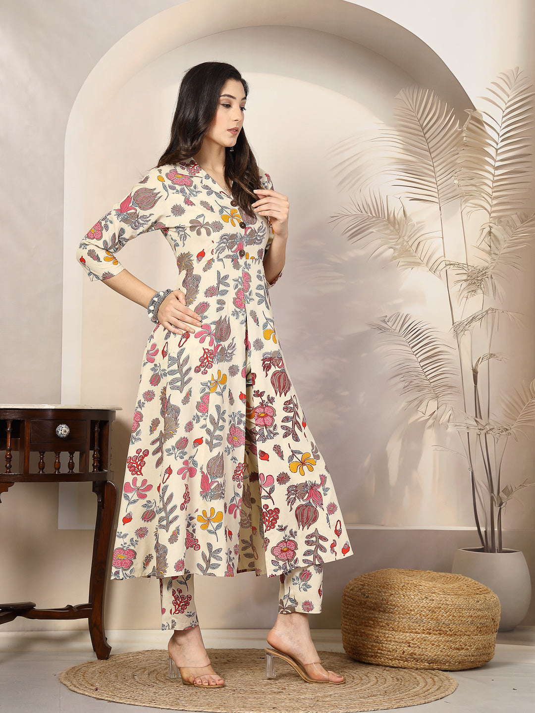 Stylum Women's Floral Printed Rayon A-Line Kurta Pant Set (CSNAINABEIGE)