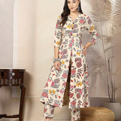 Stylum Women's Floral Printed Rayon A-Line Kurta Pant Set (CSNAINABEIGE)