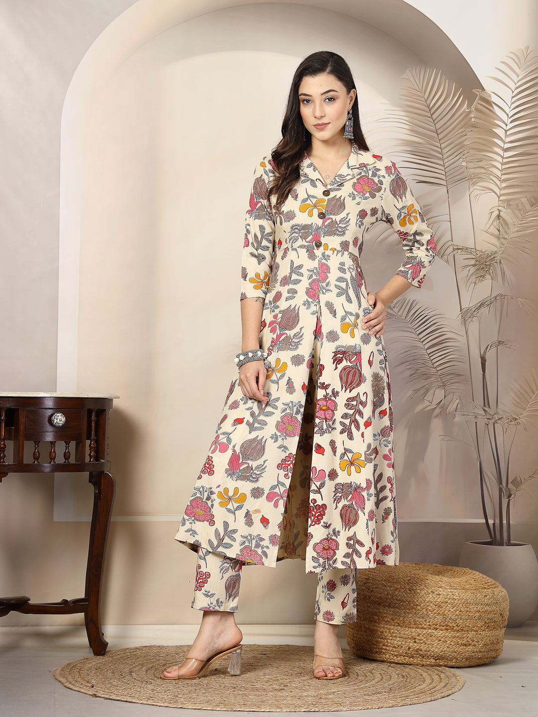 Stylum Women's Floral Printed Rayon A-Line Kurta Pant Set (CSNAINABEIGE)